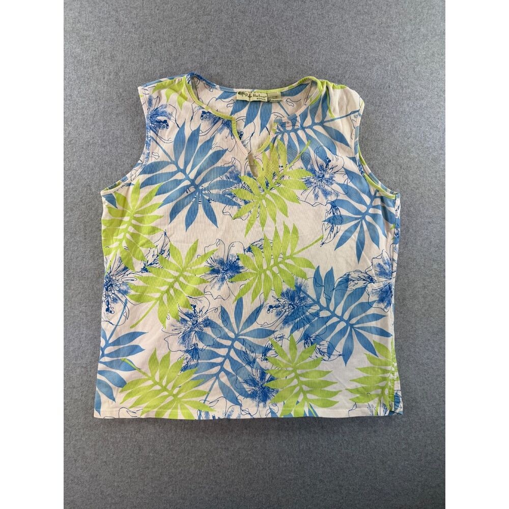 Palm Harbour Woman 1X Tropical Floral Sleeveless Top Blue Green Cotton Stretch